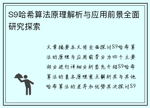 S9哈希算法原理解析与应用前景全面研究探索