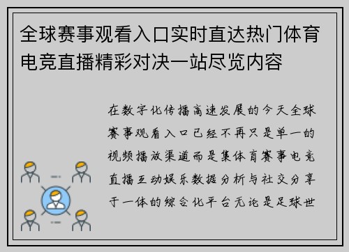 全球赛事观看入口实时直达热门体育电竞直播精彩对决一站尽览内容